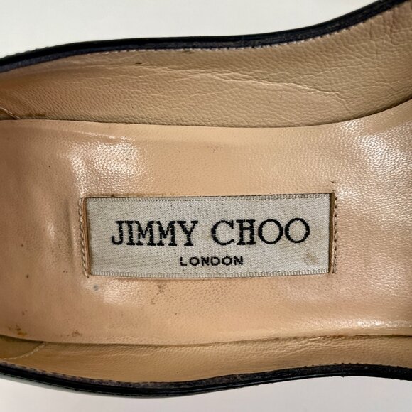 Jimmy Choo Black Patent Leather Peeptoe Pumps With Gold Detail, Size 37 (7) - Picture 10 of 11